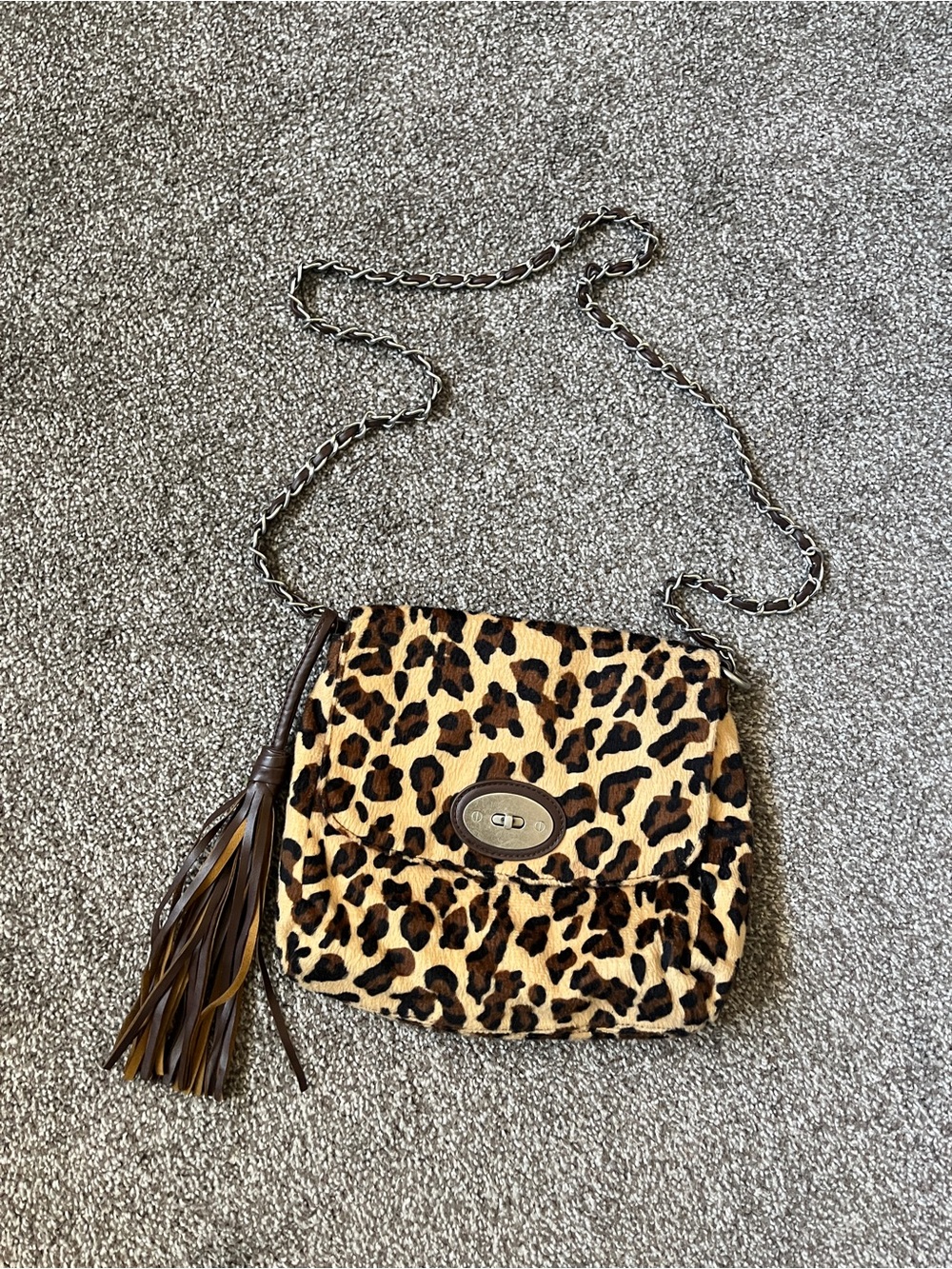 Leopard Print Crossbody Bag with Tassel - Brown